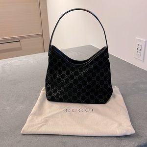 Authentic Gucci GG black suede monogram hobo